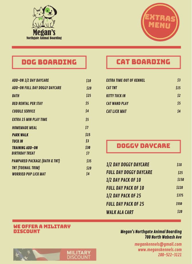 Boarding Extras Menu